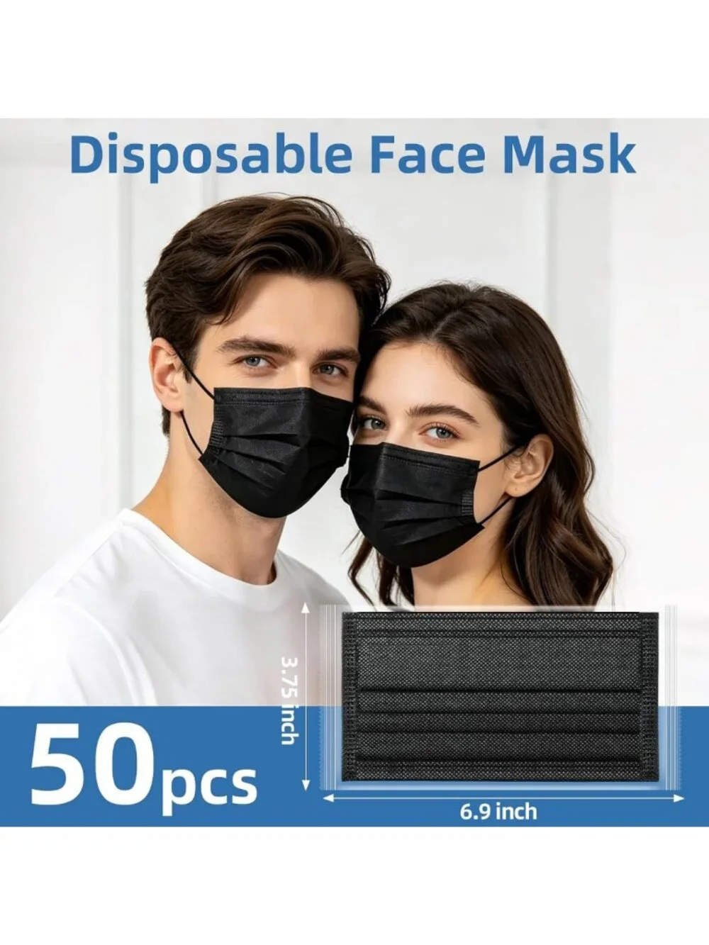 50Pcs Black Disposable 3-Ply Surgical Masks for Adults - Breathable, Great for